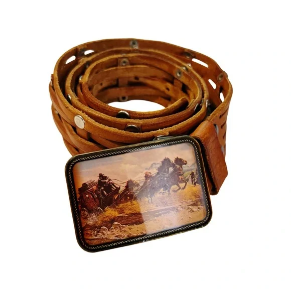 Woven and Riveted Brown Leather Belt with Western Buckle - Picture 1 of 4